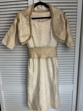 Vintage Handmade Elegant Ivory and Gold Brocade Dress